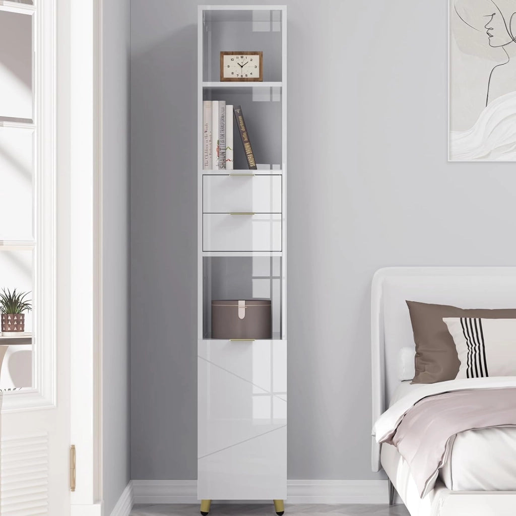 Mobile da Bagno Salvaspazio Alto e Stretto, Colonna da Bagno con 2 Cassetti, 3 Scomparti a Giorno, 1 Vano con Anta, Ripiani Regolabili, in MDF e Metallo, Bianco Lucido, 30x28,5x160cm