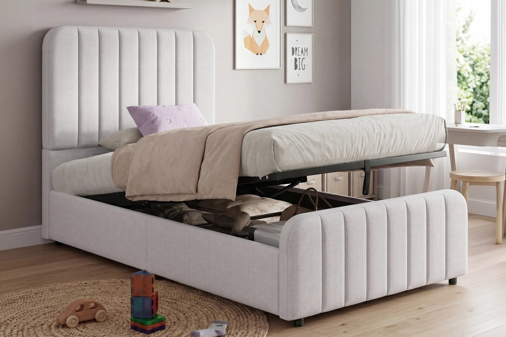 DESMIU Letto contenitore 1 posto 90 × 200 cm con sollevamento idraulico, 2 colli, senza materasso, in lino grigio