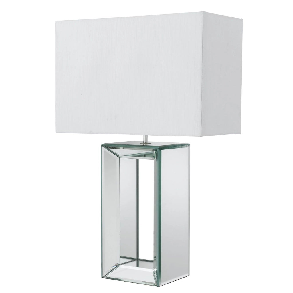 Lampada da tavolo a specchio - Vetro specchiato e paralume in finta seta bianca