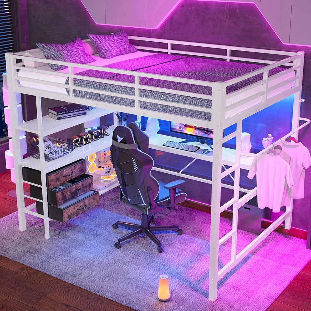 Letto mezzanino 140x200cm - Xylo - bianco, luce RGB, USB, scaffali, senza rete