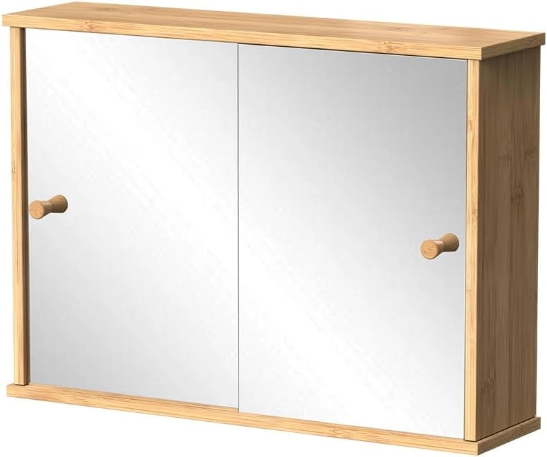 Mobile a specchio per il bagno Mireo, Bianco, 55 x 40 cm con 2 porte scorrevoli, per montaggio a parete con ripiani aperti