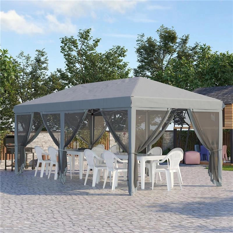 GAZEBO DA GIARDINO PIEGHEVOLE 6X3 M CON 6 ZANZARIERE E PULSANTE IN ACCIAIO E POLIESTERE GRIGIO