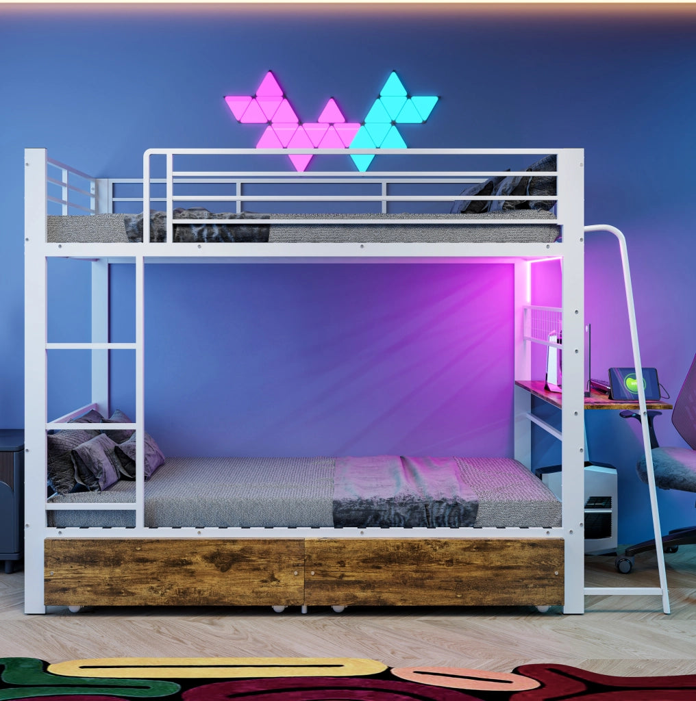 Letto a castello 90x200 cm in MDF e metallo con cassetti; bianco opaco; nero e rovere scuro