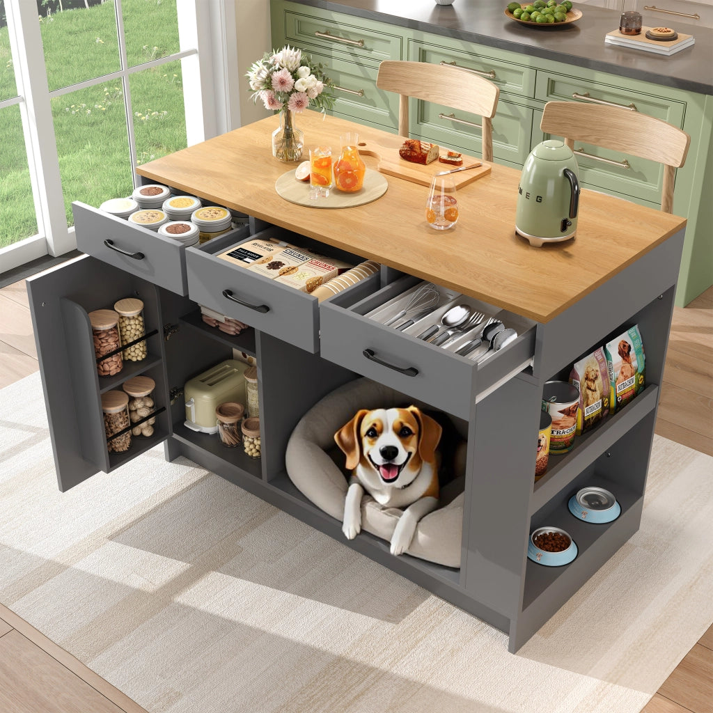 Carrello da Cucina con 3 Cassetti; Portaspezie; Ripiano Regolabile e Vano per Animale; in MDF; 120x60x90 cm; Grigio e Naturale