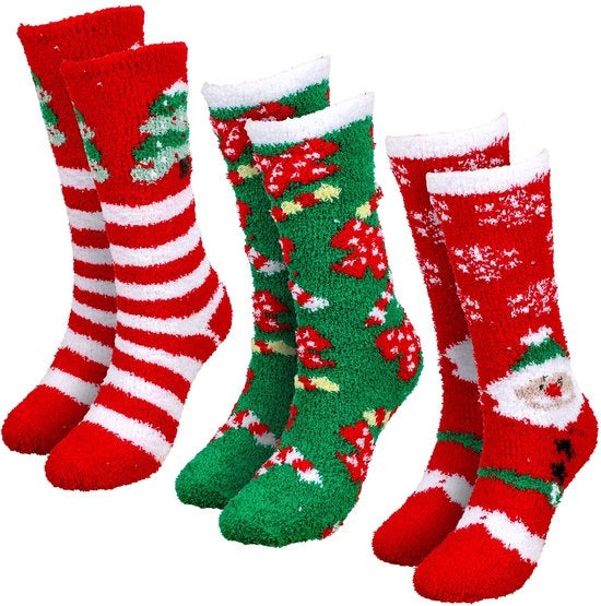 Calze di Natale 3 Pair - Calze Alta Caviglia - Felpa Coral Zitta - Rosso/Verde - Strettezza Elastica - Ideali per Feste - Calze Alta Caviglia