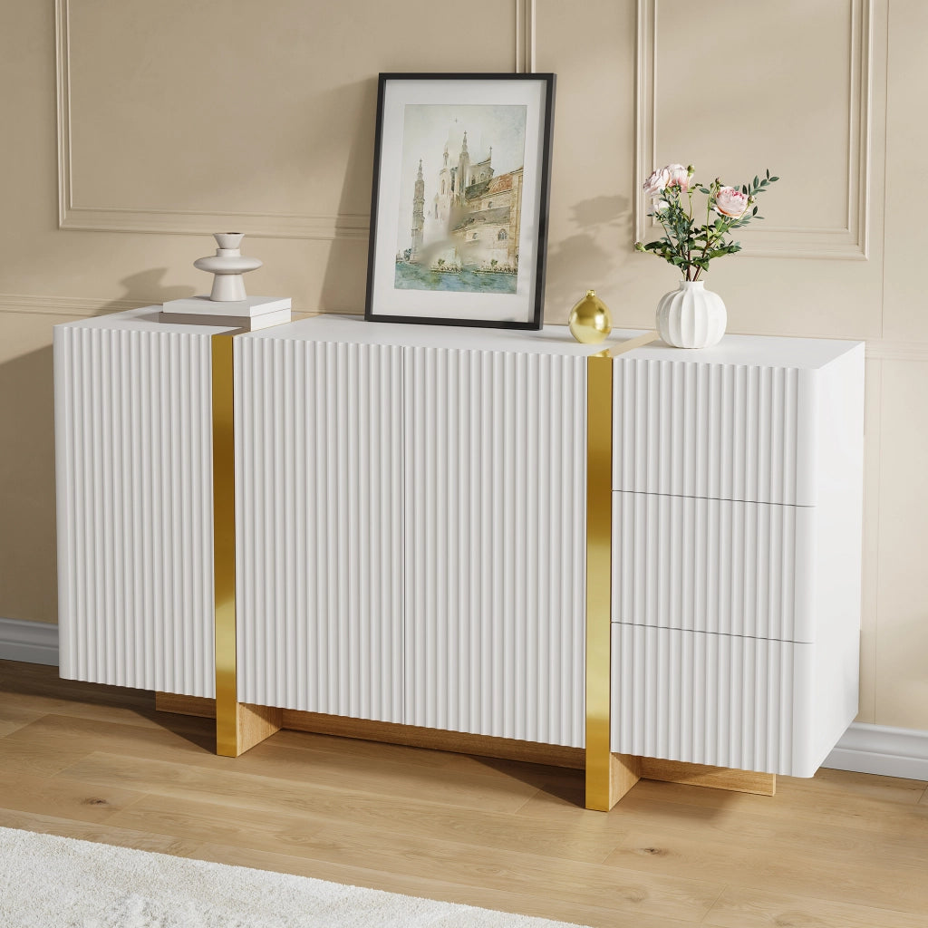Credenza con 3 ante e 3 cassetti frontali scanalati in MDF e pannello truciolare bianca 140 × 36 × 75 cm
