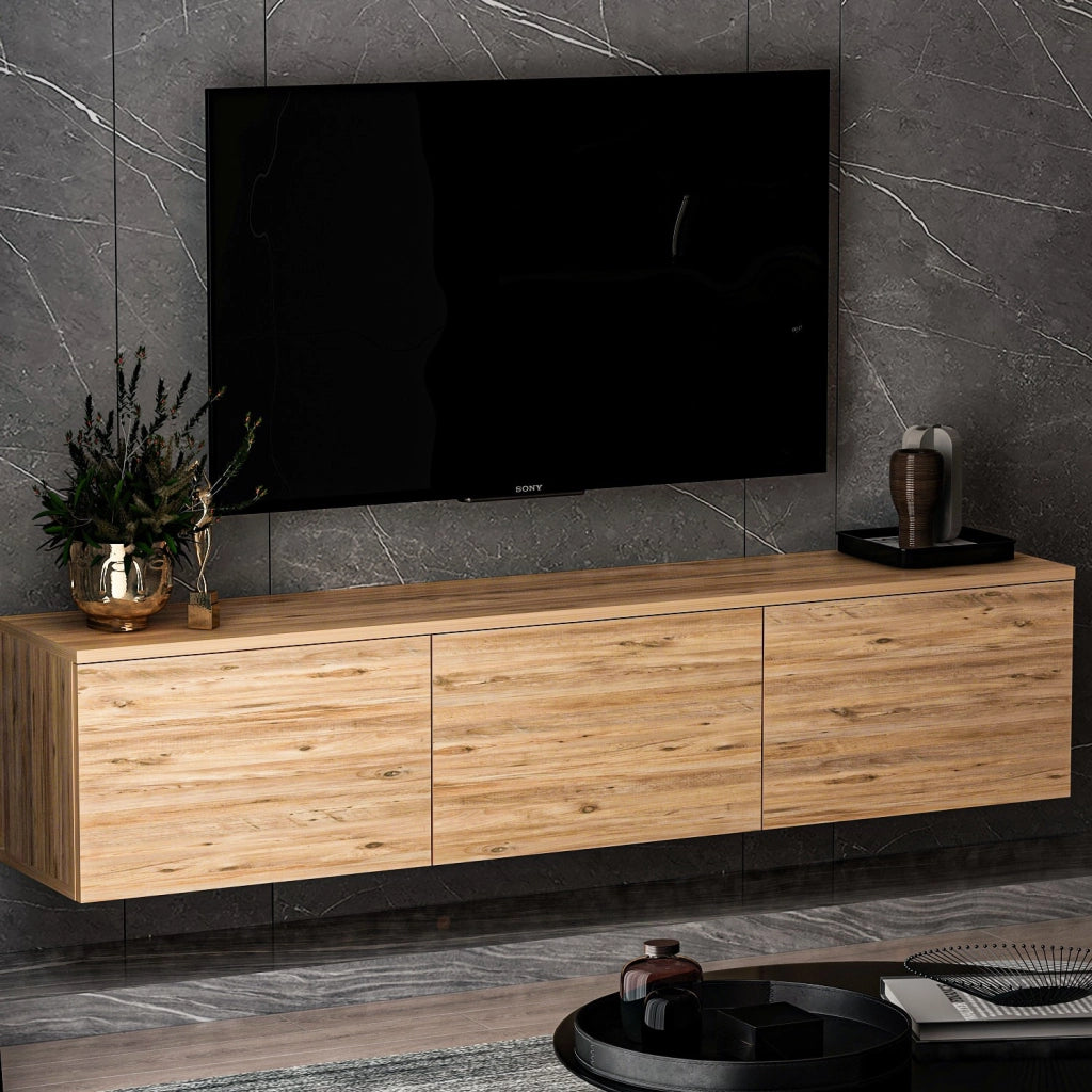 Porta TV sospeso in legno "Neon" con illuminazione LED - 160 x 32 x 35 cm - Marrone chiaro