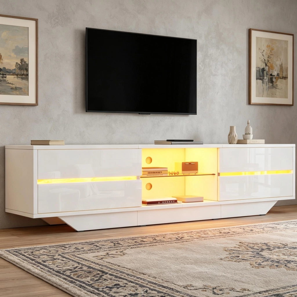 Mobile TV 160x35x44.5 cm con illuminazione RGB; ripiani interni; in truciolare; bianco