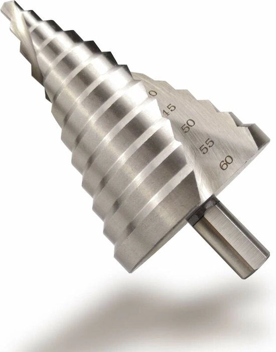 Trapano a vite - Trapano a scala - Trapano a cono - Trapano a vite - 6-60 mm - con 12 passaggi - HSS - argento - Testa rotonda - Fessura a spirale conica - Resistente all'ossidazione - per Legno, Metallo & Plastica