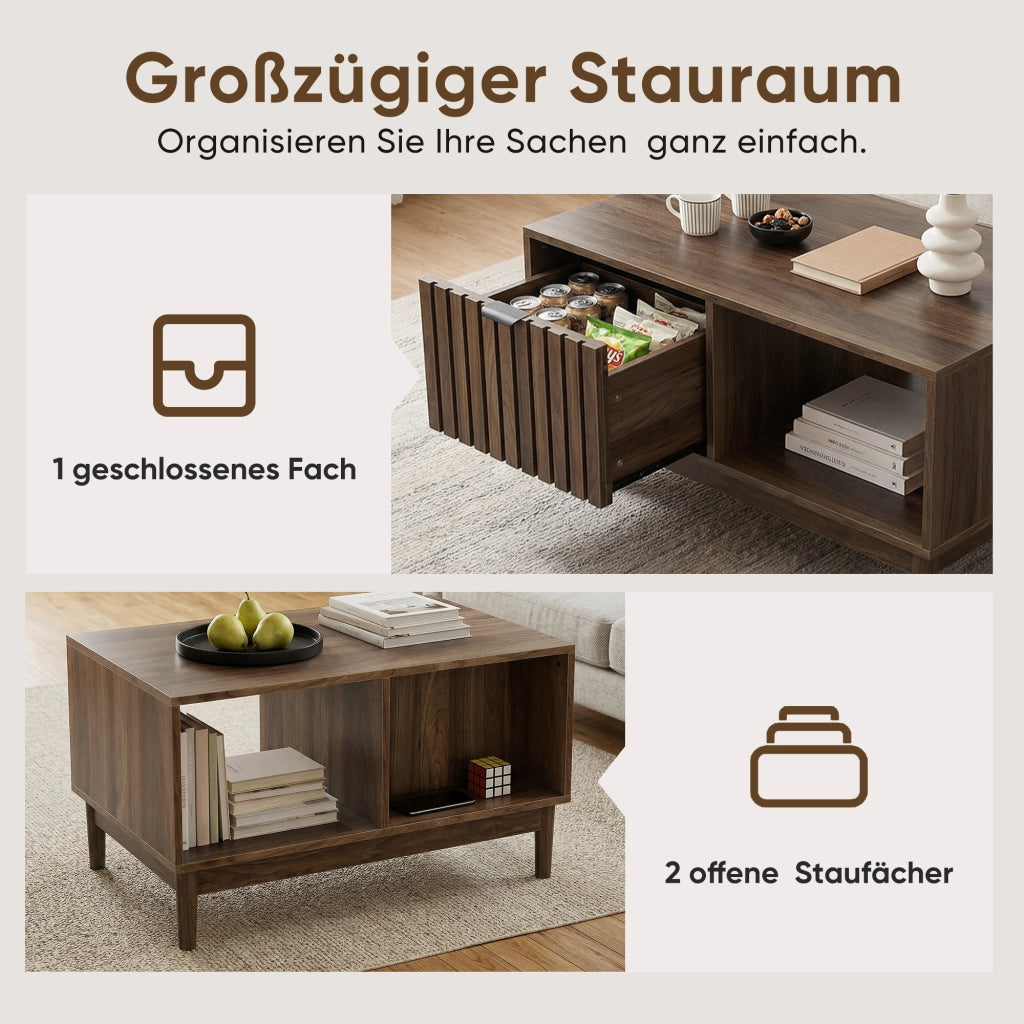 Tavolino basso fisso con nicchia e ripiani aperti in MDF colore noce 80 × 50 × 45 cm