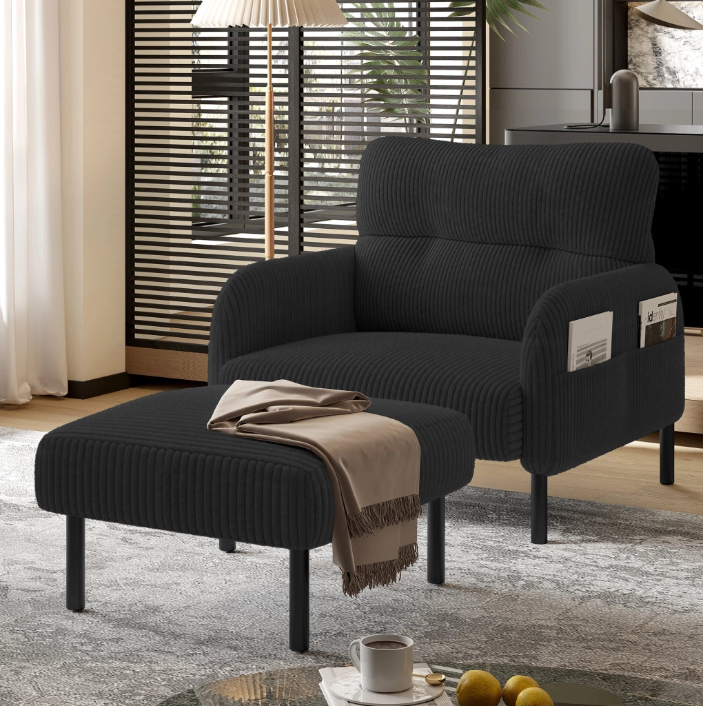 Poltrona singola in tessuto corduroy nero 67 x 75 x 79 cm con tasca laterale