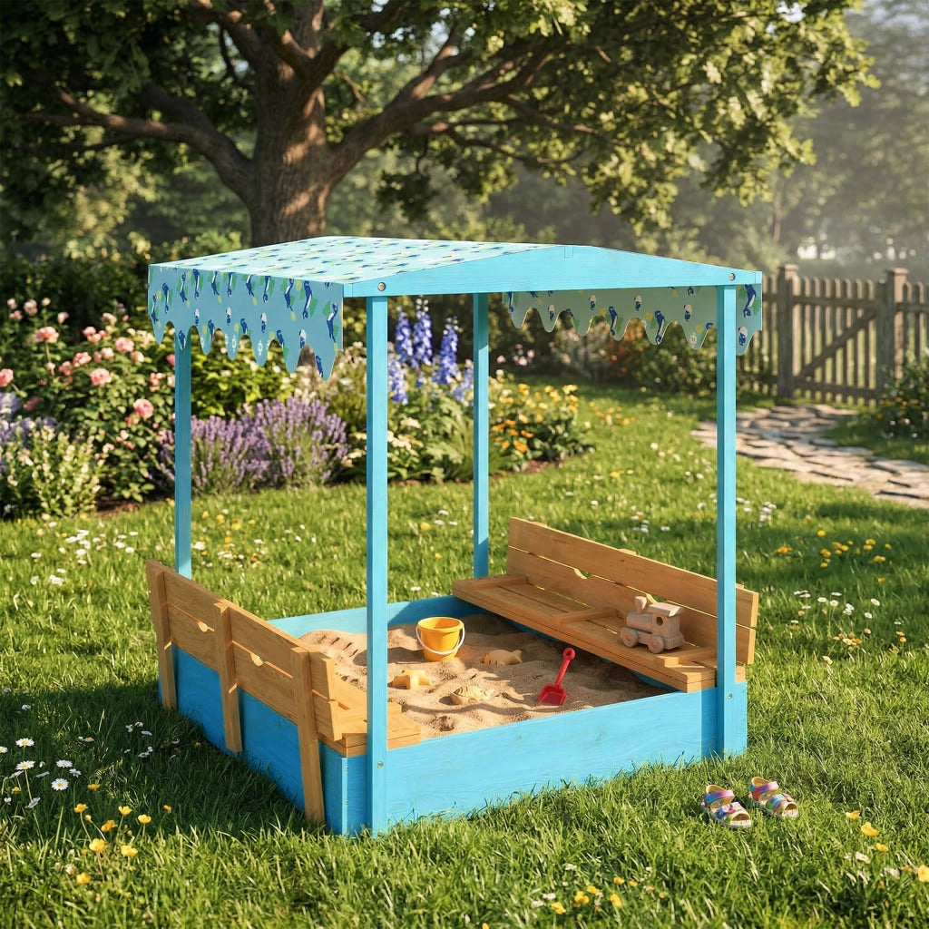 Sabbiera per Bambini 3-6 Anni 134,5x127,5x130 cm con Tettuccio Dinosauri Sedute Pieghevoli Coperchio e Fodera in Legno