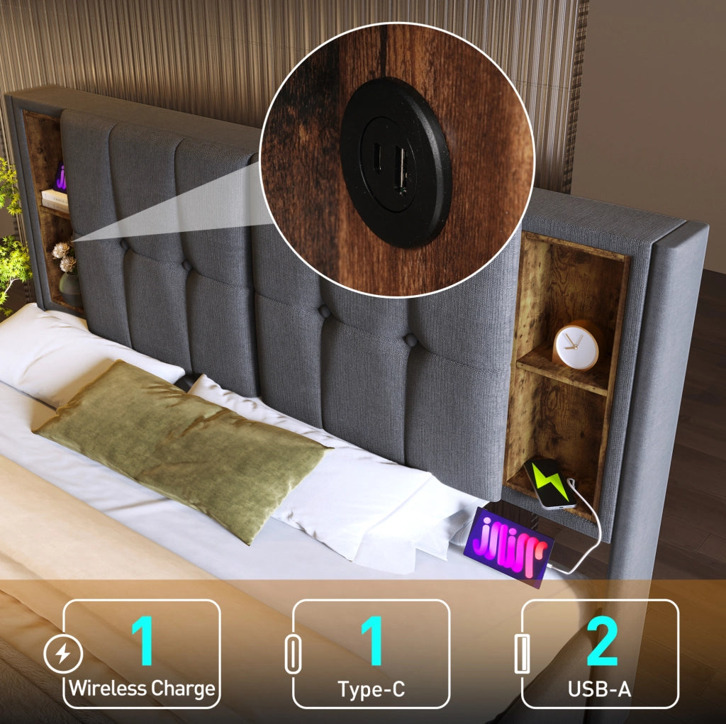 Letto imbottito 140x200 cm con materasso, ricarica wireless e USB