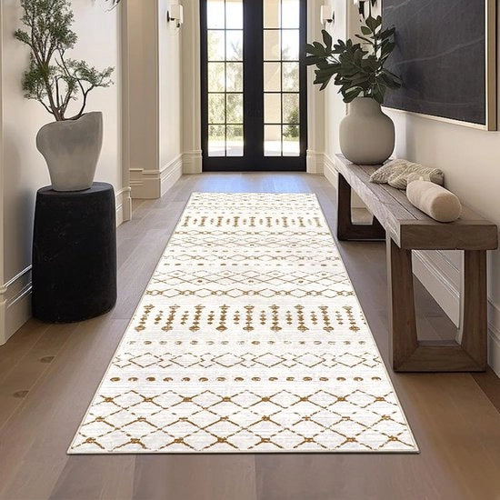 Tapijtloper da Sala 80x200cm in Tela Wasabile con Pieghevolezza in Gomma per Soggiorno, Entrata, Cucina (Beige/Bianco)