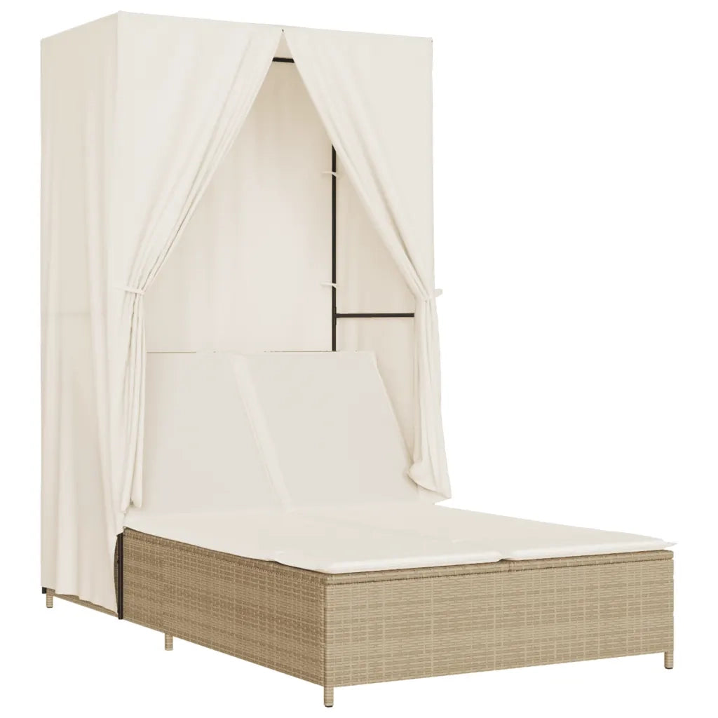 Lettino Prendisole con Tetto e Tende Beige in Polyrattan 368103