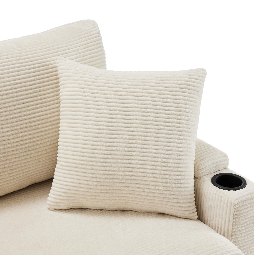 Divano angolare 213.5x139x87 cm con USB; portabicchieri; ripiano bracciolo e 2 cuscini in corduroy beige