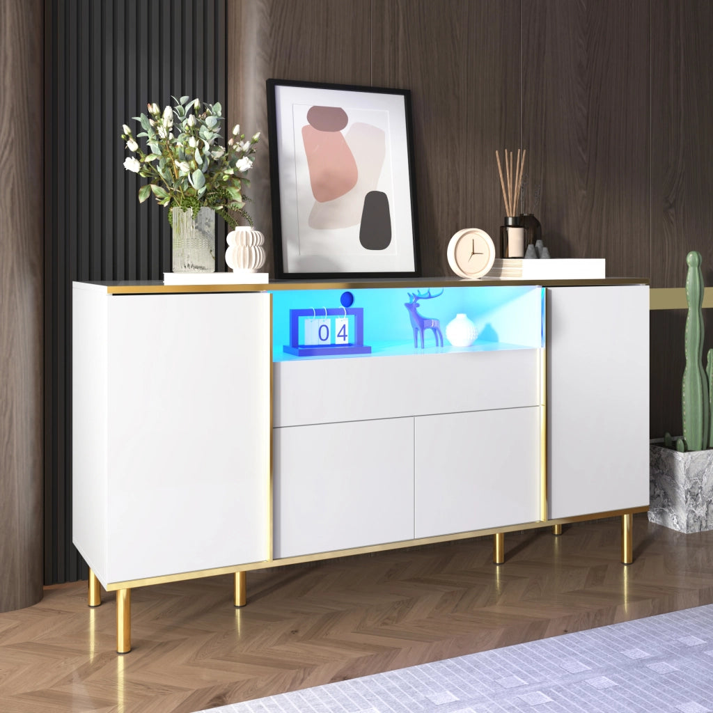 Sideboard bianco lucido con 1 cassetto, 150x40x80 cm