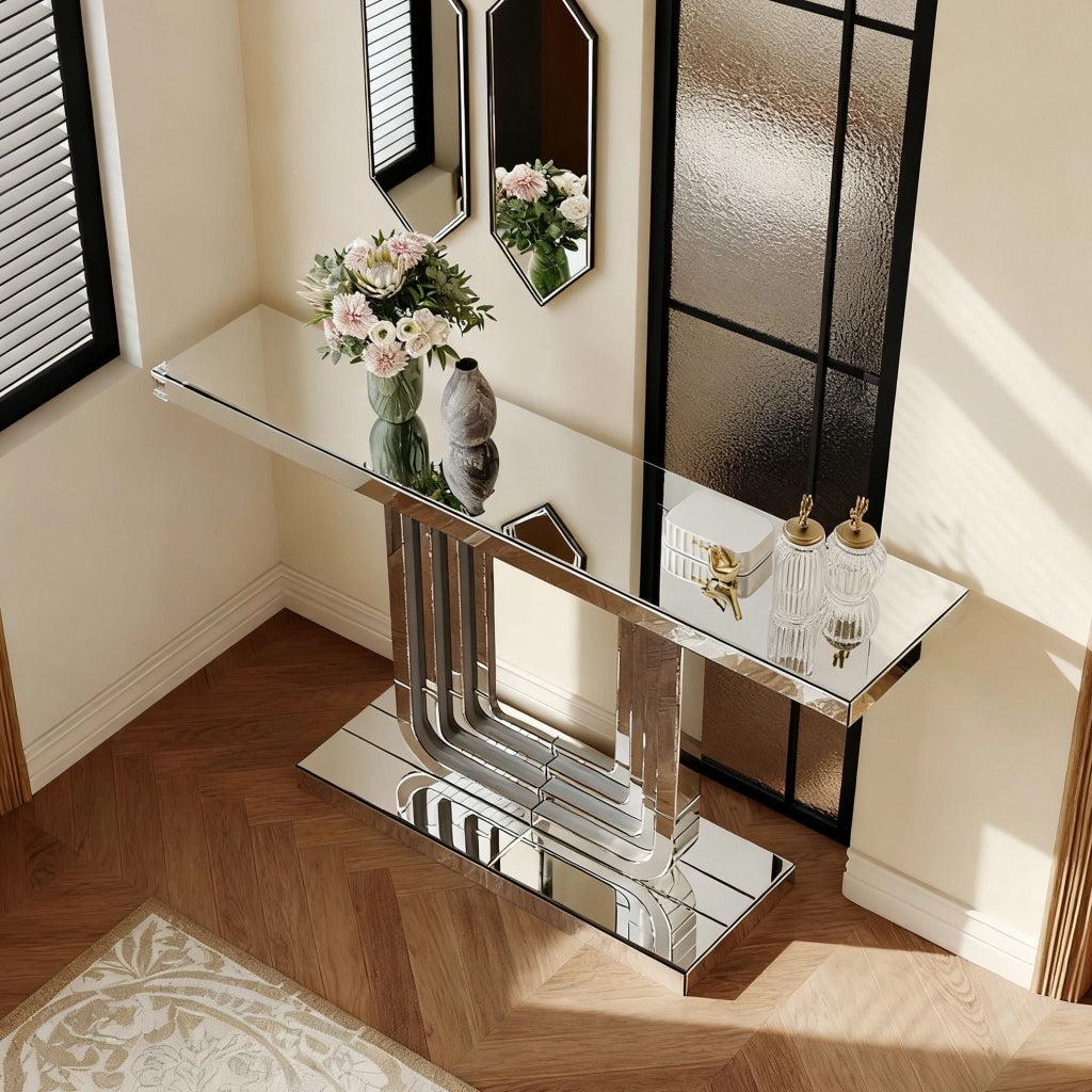 Consolle con base a U e piano a specchio - per ingresso - 135×40×31.5 cm - argento