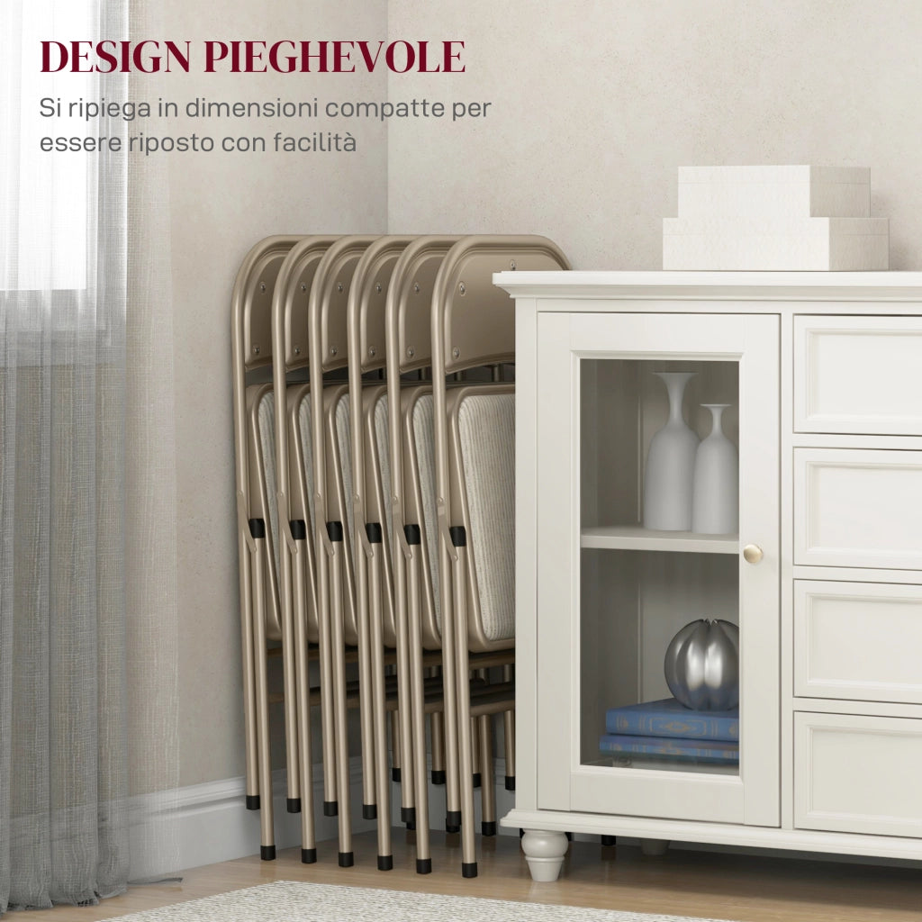 Set di 6 Sedie Pieghevoli Moderne in Acciaio e Poliestere. 45x46x78 cm. Beige