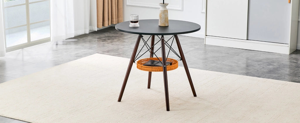 Tavolo da pranzo - rotondo Ø80 cm - MDF nero - gambe in noce massello - cesto intrecciato sospeso