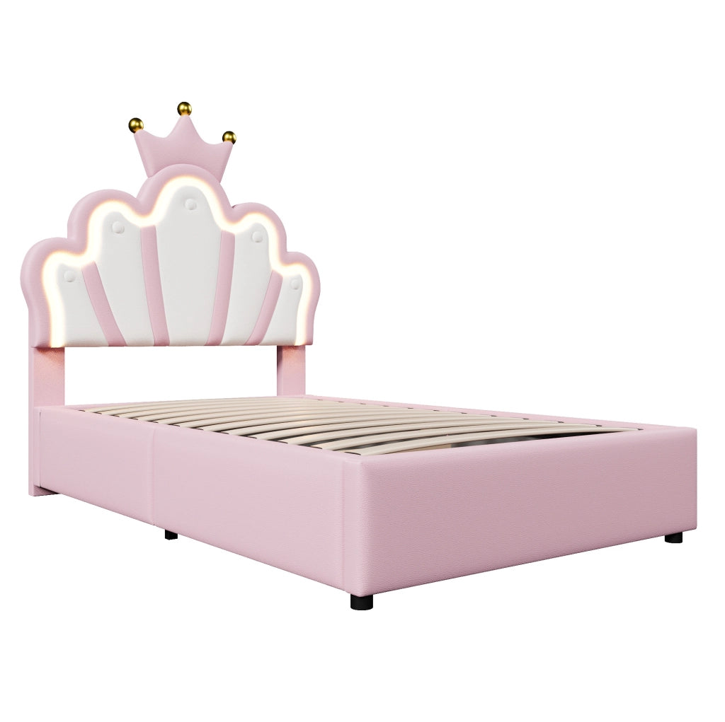 Letto imbottito 90x200 cm con contenitore; LED e testiera regolabile in PU rosa