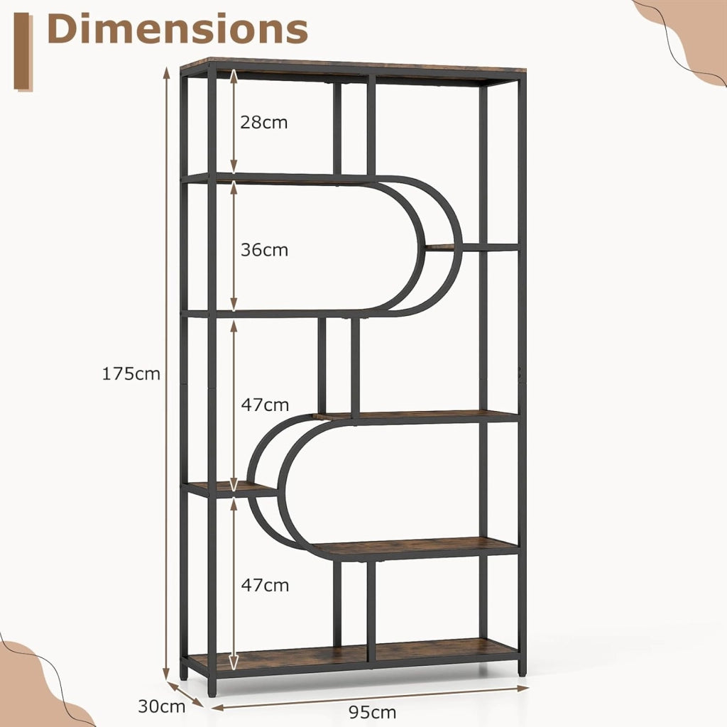 Libreria Geometrica a 8 livelli, scaffale portaoggetti con ripiani aperti in legno, telaio in metallo, kit antiribaltamento, 95 x 30 x 175 cm, per soggiorno, camera da letto, ufficio (marrone)