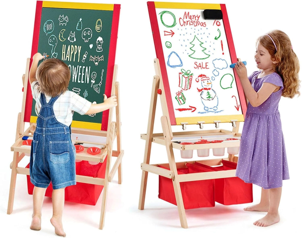 Cavalletto per Bambini 3 in 1, Lavagna Bifacciale, Cavalletto per Disegnare, con Rotolo di Carta, Magnetica, Accessori Completi, in Legno (52,5x51,5x106,5cm)