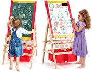 Cavalletto per Bambini 3 in 1, Lavagna Bifacciale, Cavalletto per Disegnare, con Rotolo di Carta, Magnetica, Accessori Completi, in Legno (52,5x51,5x106,5cm)