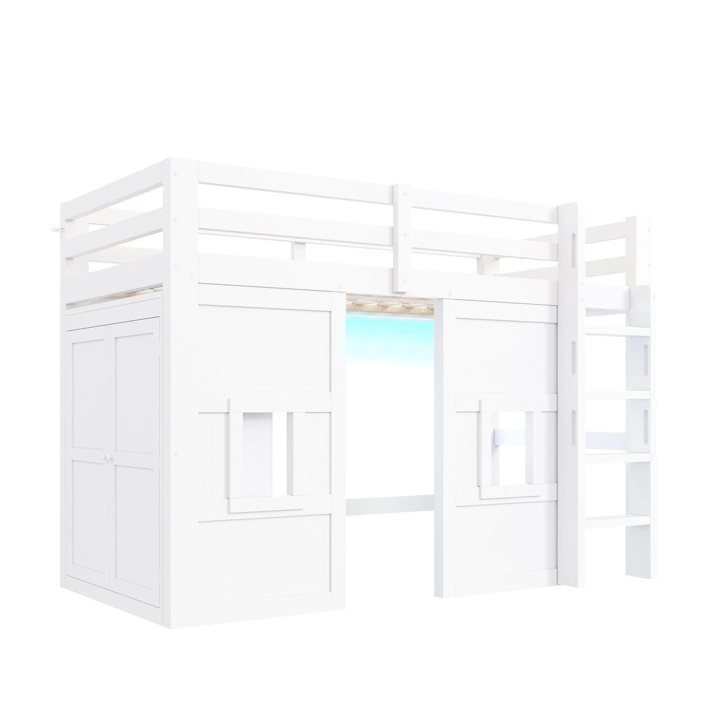 Letto a Soppalco con Armadio Integrato, Finestre e LED ¨C Xylo ¨C Bianco 90x200
