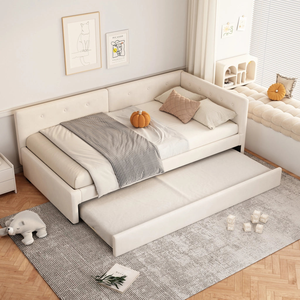 Letto singolo 90x200 cm con letto estraibile; velluto Beige chiaro