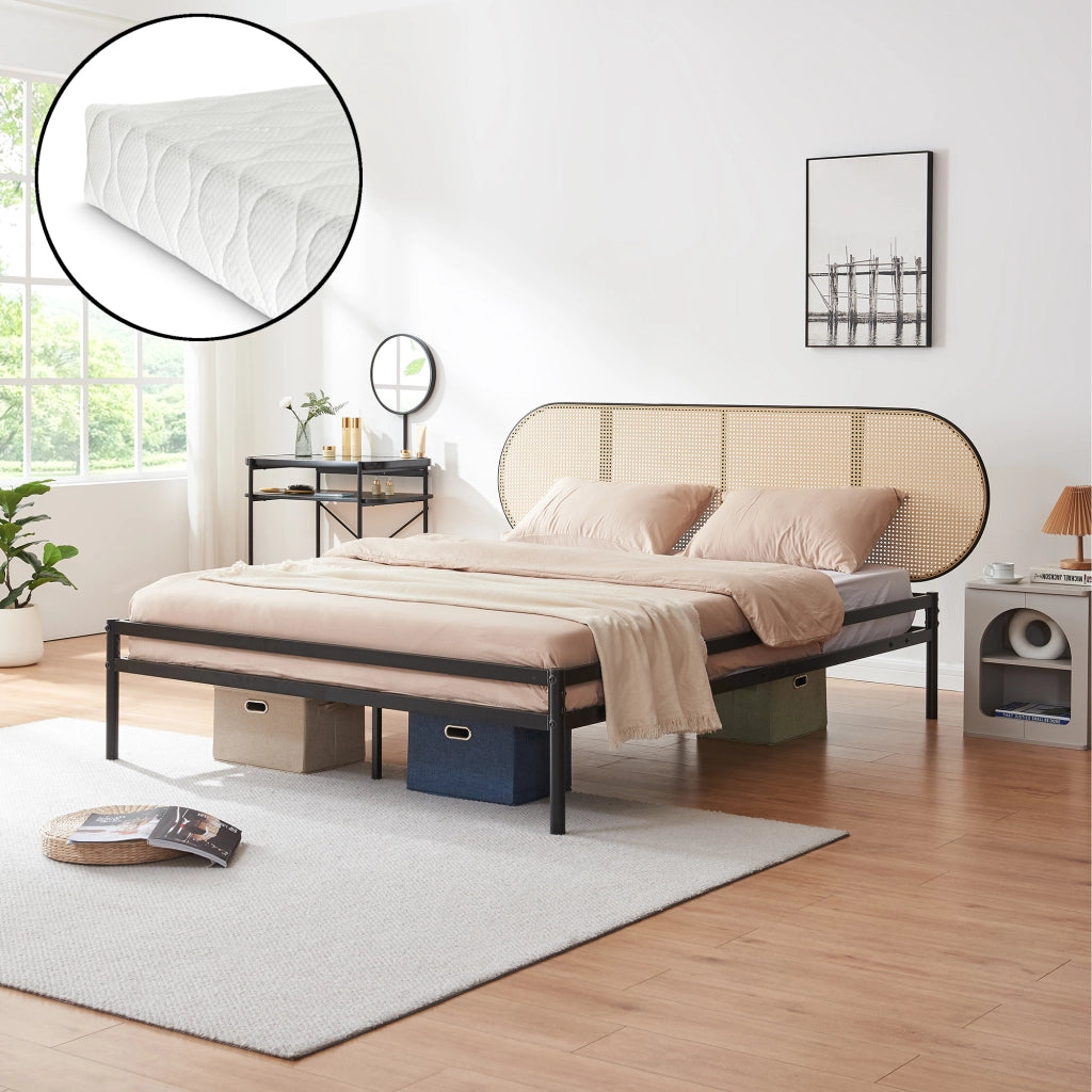 Letto Matrimoniale Linköping con Materasso 160x200 cm e Testiera Ovale Effetto Rattan [en.casa]