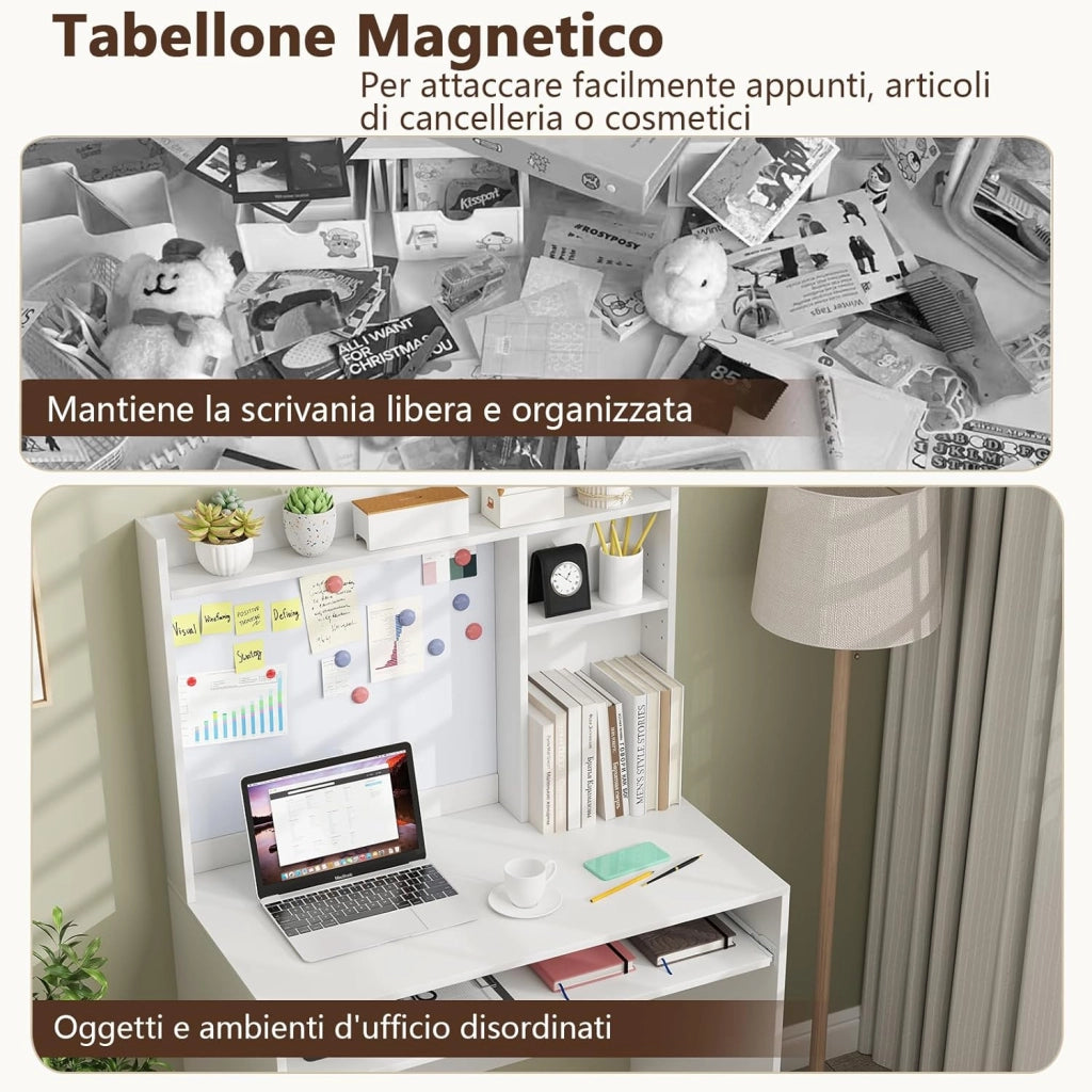 Scrivania per Computer Bianca, Scrivania con Lavagna Magnetica, Ripiani Regolabili e Vassoio per Tastiera, Scrivania Salvasapzio per Ufficio e Casa, 89 x 50 x 138 cm