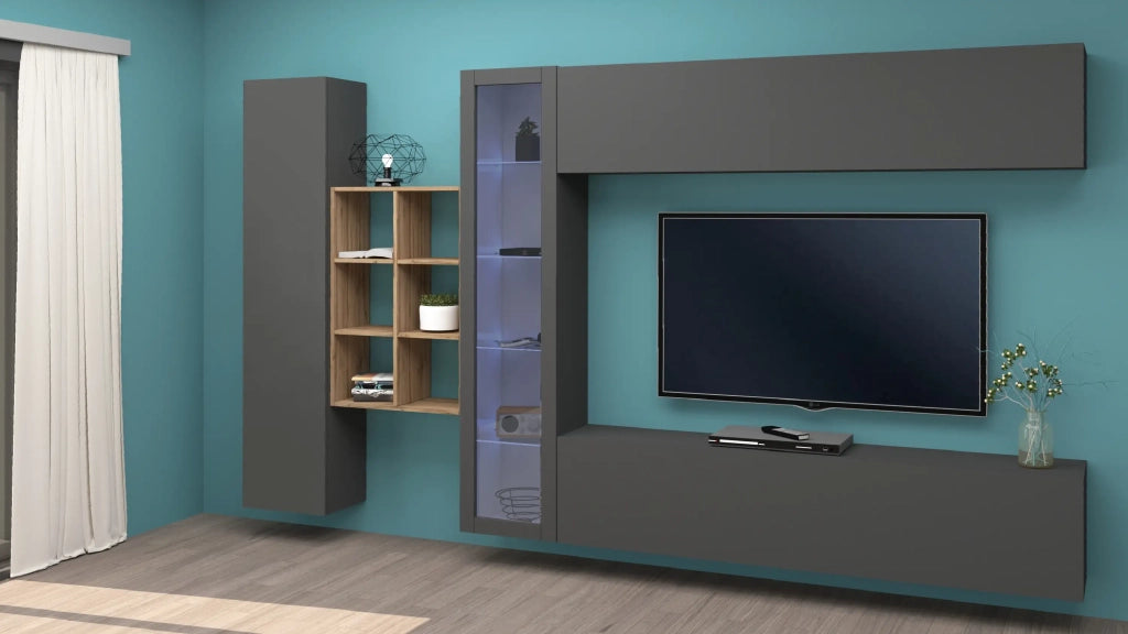 Parete attrezzata antracite moderna libreria mobile TV sospeso vetrina Loane RT