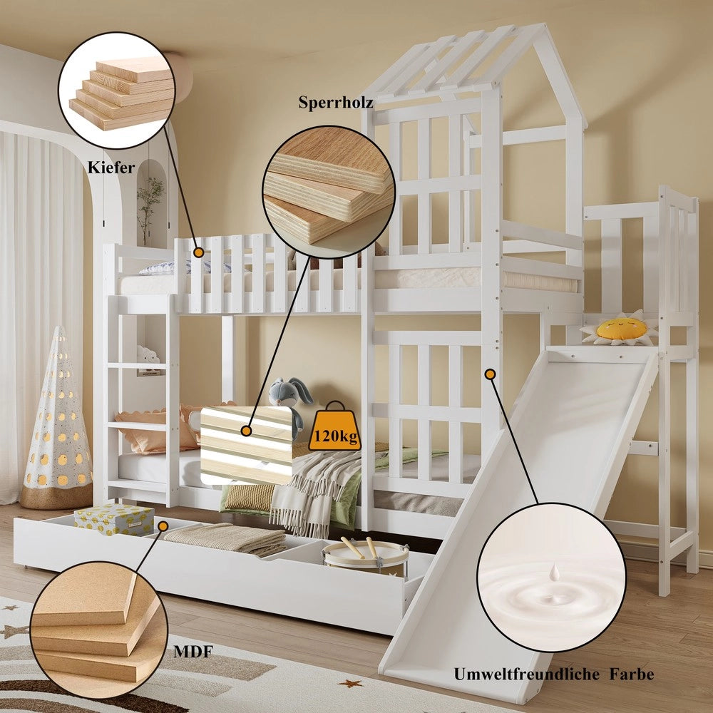 Letto a Castello con Scivolo e Cassetto ¨C MINIMAL ¨C Pino/MDF, Bianco, 90x200