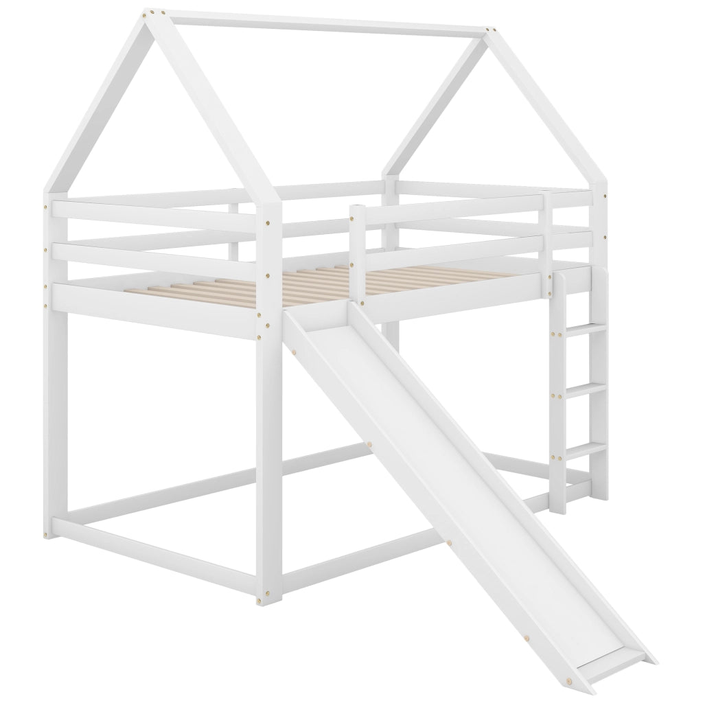 Letto a Castello 90x200 cm; Letto per Bambini con scivolo e scala; in Legno; Bianco