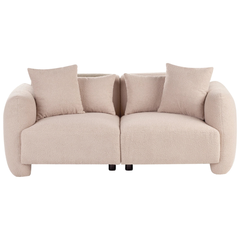Divano imbottito minimalista a profilo ribassato a 3 posti con seduta profonda bouclè beige stile minimalista