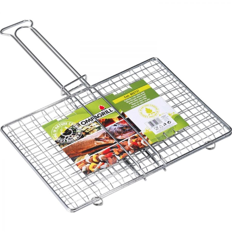 GRIGLIA A RETE PER BARBECUE SENZA PIEDI ACCIAIO CROMATO MANICO LUNGO 27X37 CM