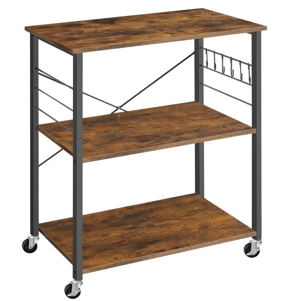 Scaffale da cucina carrello di servizio unità a 3 ripiani 40 x 80 x 89 cm forno a microonde mini forno tostapane struttura in metallo con 6 ganci stile industriale marrone rustico 12_0005678