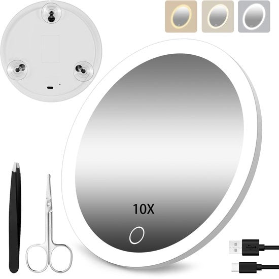 Specchio 10x ingrandente con illuminazione, truccabagagli con 3 livelli di illuminazione regolabili, specchio ingrandente da 15 cm con illuminazione e viti di fissaggio