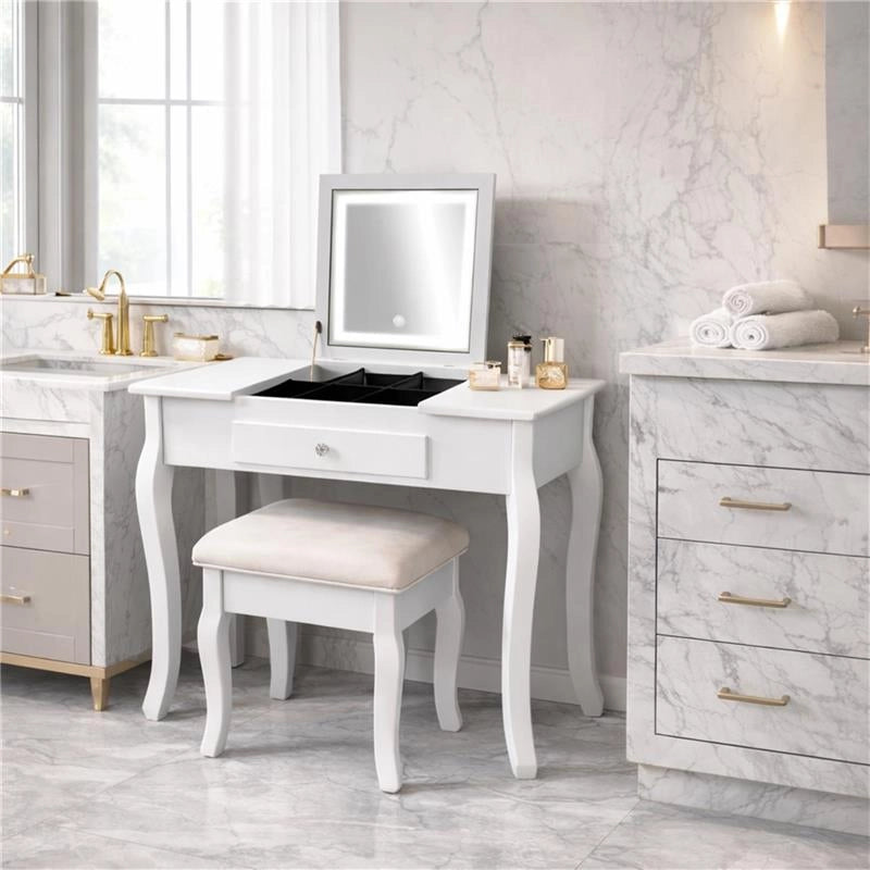 MA MAISON CONSOLLE INGRESSO BIANCA IN LEGNO 80X40X139 CM CON SPECCHIO ILLUMINATO E SGABELLO