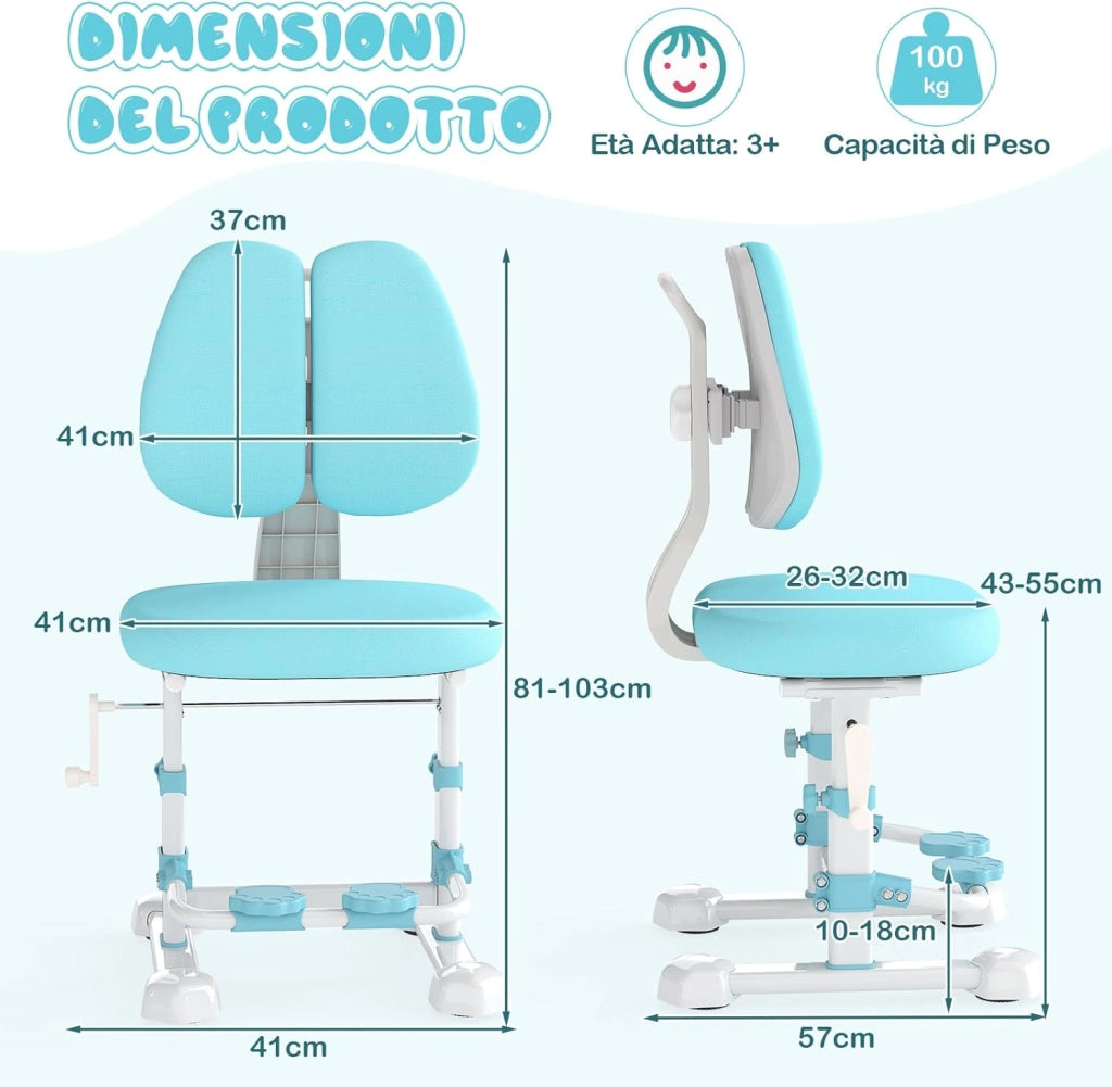 Sedia da Studio per Bambini, Poltrona Ergonomica da Scrivania con Schienale Doppio Regolabile e Poggiapiedi, Sedia Regolabile in Altezza Senza Braccioli per Bambini 3+ Anni (Blu)