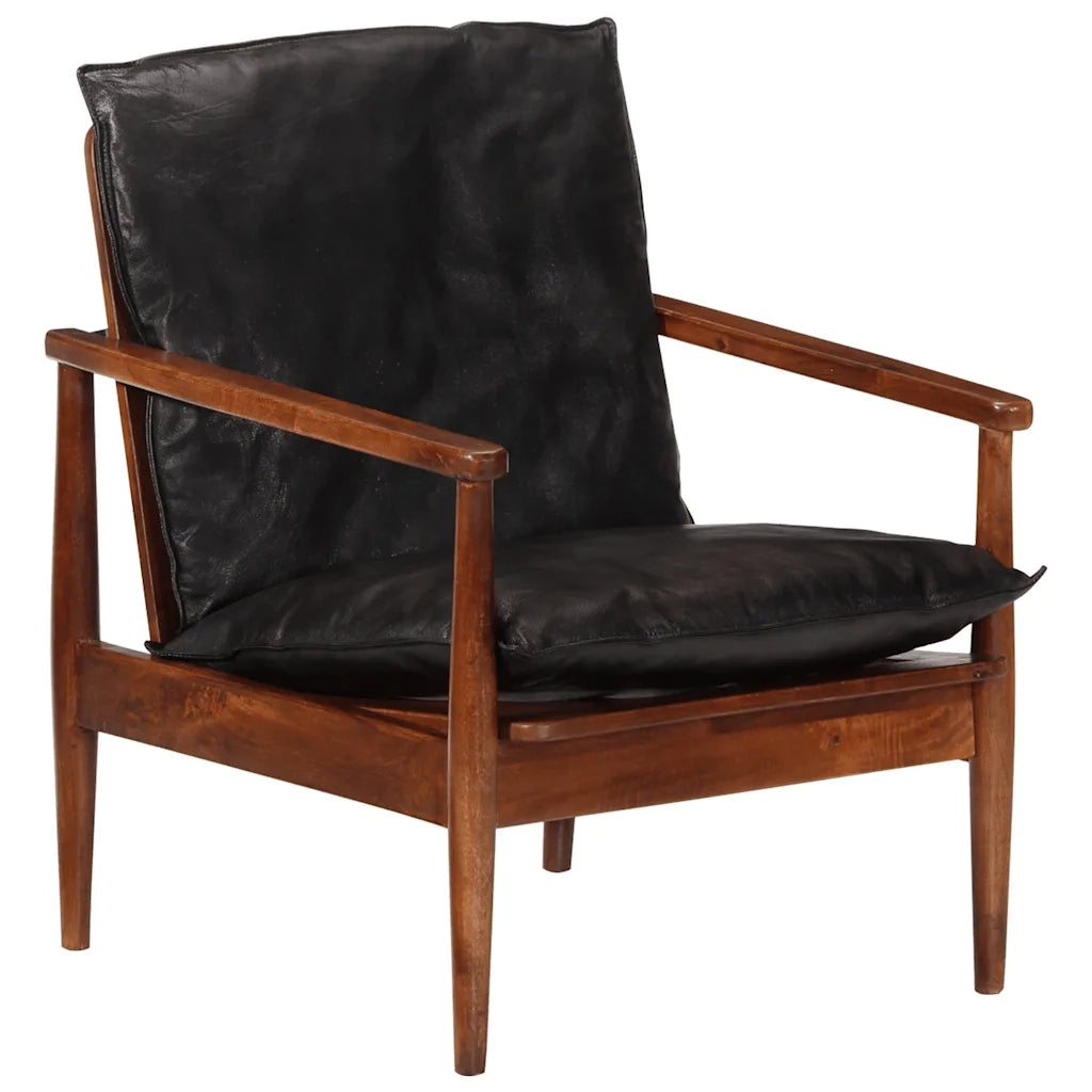 Poltrona Nera in Vera Pelle e Legno Massello di Acacia 340922