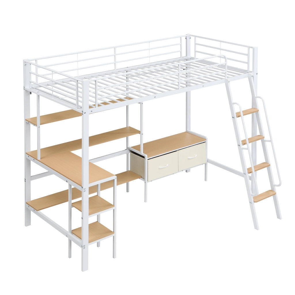 Letto a soppalco in ferro e MDF 90x200 cm con scrivania, 2 box in tessuto e scaffale, bianco naturale