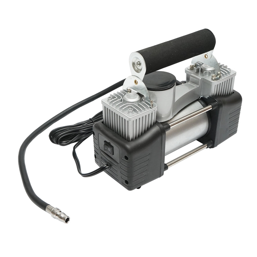 Compressore d’aria per gonfiaggio gomme 12V, 150 PSI, 85 l/min, 2 cilindri, cavo 3 m per presa accendisigari auto