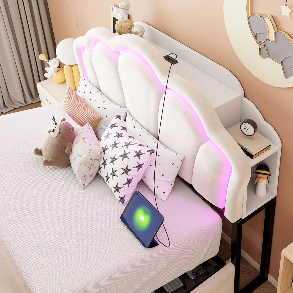 Letto imbottito ULEVR 140x200 cm con contenitore idraulico, LED, prese integrate e vani testiera, beige