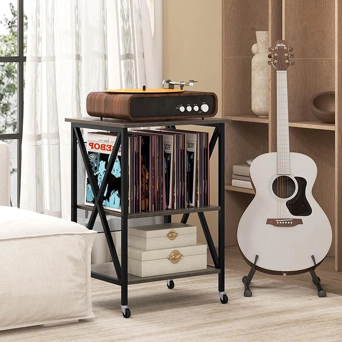 Supporto per Giradischi, Supporto per Giradischi in Vinile con Presa di Corrente e Porta USB, Ruote Bloccabili, 3 Livelli, per Soggiorno, Camera da Letto, 52 x 45 x 75 cm (Grigio)