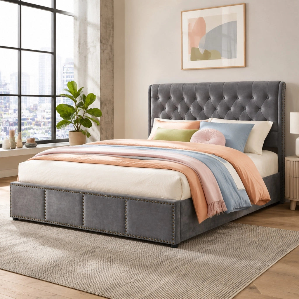 Letto imbottito in velluto grigio 180x200 cm con contenitore, rete a doghe inclusa, senza materasso