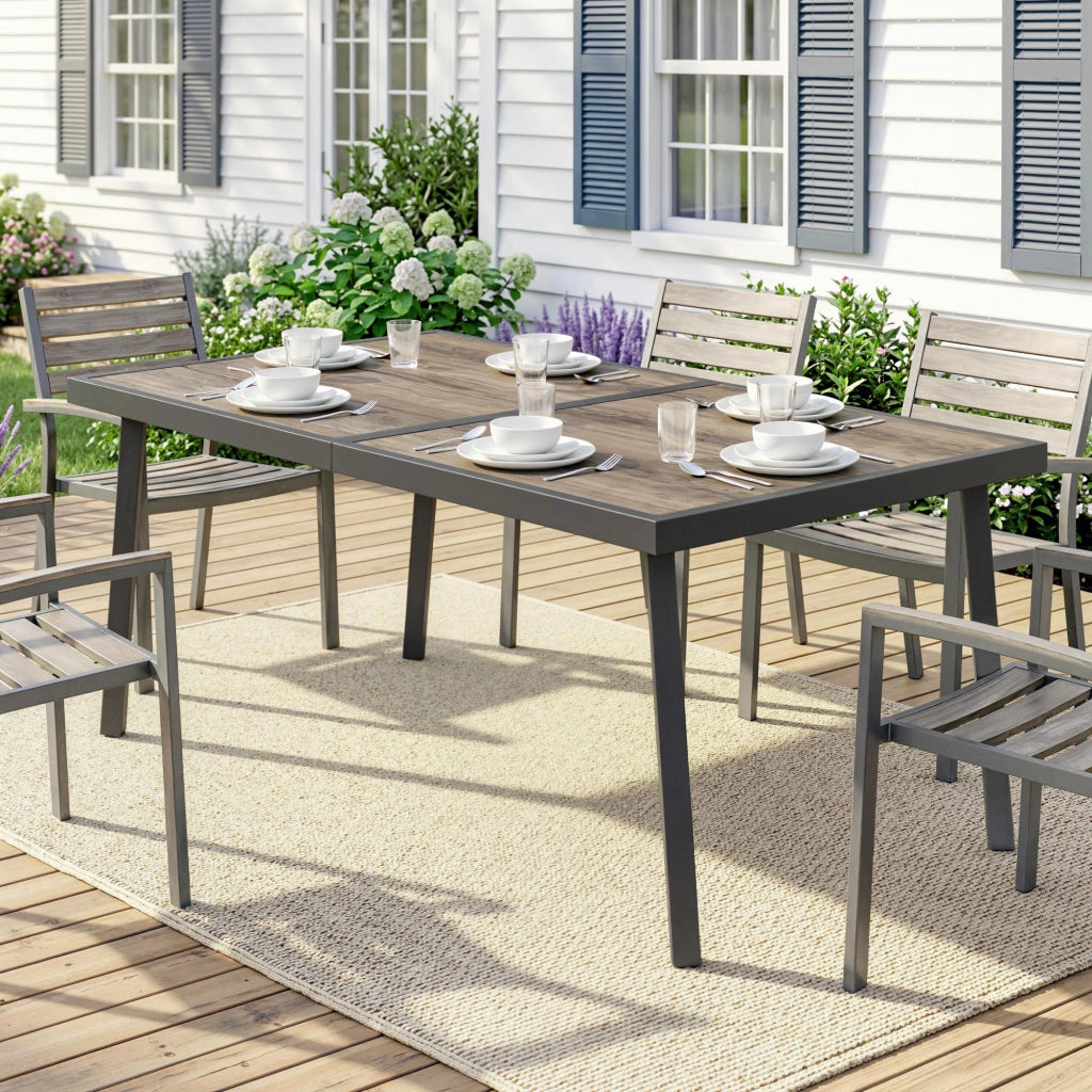 Tavolo da Giardino Rettangolare per 6 Persone con Piano Effetto Legno, in Acciaio e PSPC, 145x85x72 cm, Grigio