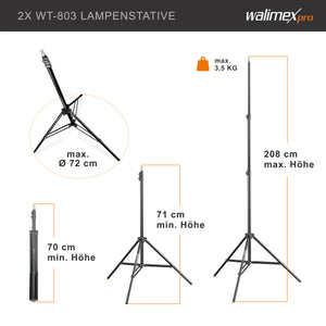 Walimex Pro set fotografico premium con 2x treppiede con 2x LED 45W Octagon Ø65cm Bi Colour e sistema completo di sfondo telescopico 120-307 cm con sfondo in tessuto bianco