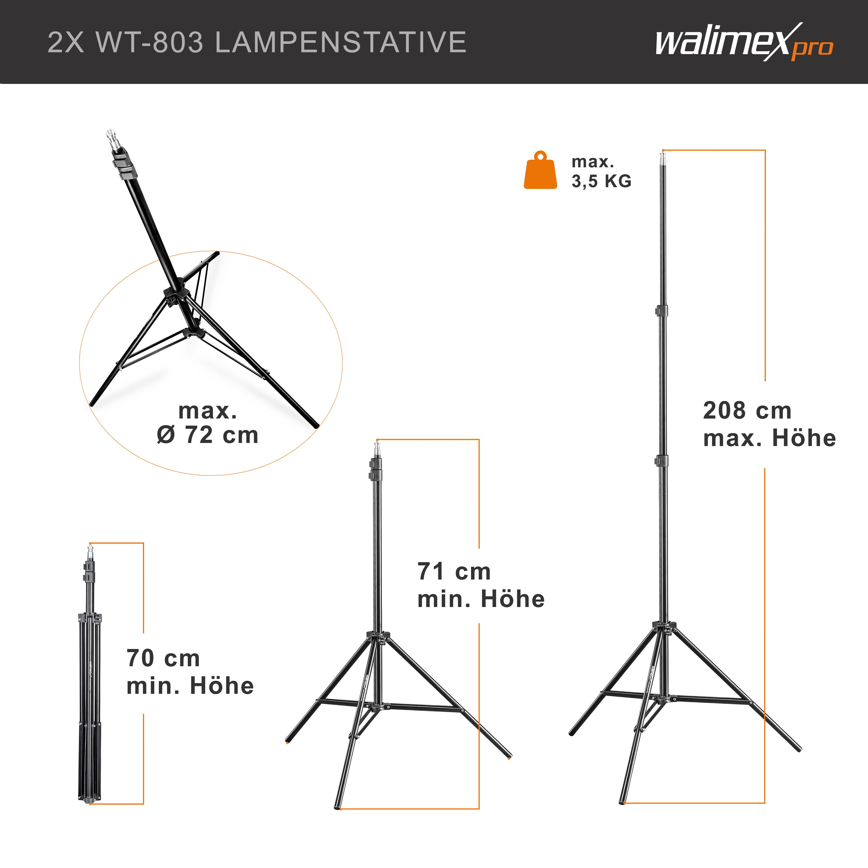 Walimex Pro set fotografico premium con 2x treppiede con 2x LED 45W Octagon Ø65cm Bi Colour e sistema completo di sfondo telescopico 120-307 cm con sfondo in tessuto bianco